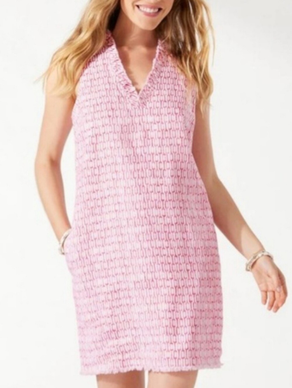 Tommy Bahama Linen Shift Dress Size XS Pink Two Palms Ruffled Resort Wear Beachy